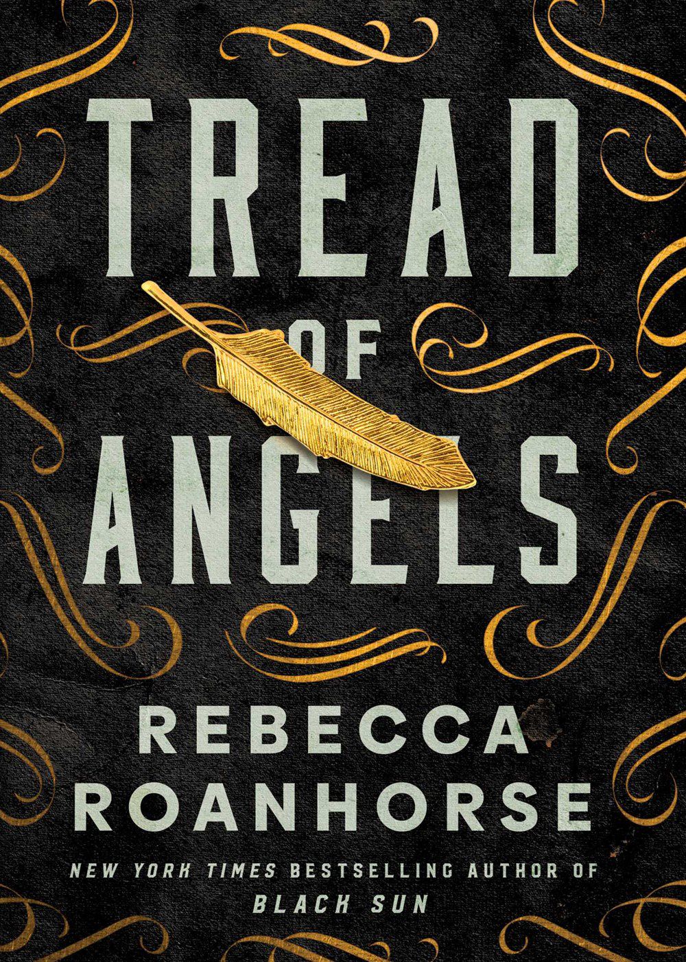Cover art for Rebecca Roanhorse's Tread of Angels, featuring a gold feather