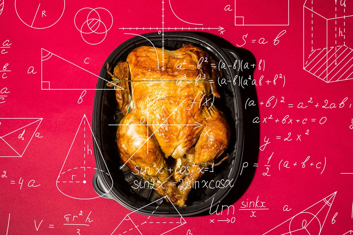 A rotisserie chicken in its black plastic container, underneath mathematical equations in white.