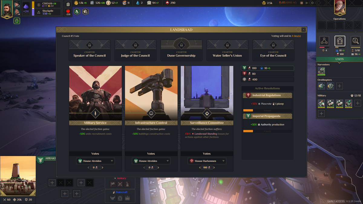 A Dune: Spice Wars screenshot showing the Landsraad Council voting screen with three proposed resolutions.