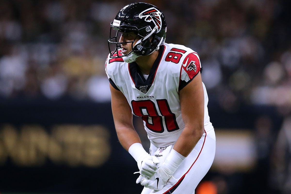 Austin Hooper of the Atlanta Falcons in action during a game against the New Orleans Saints at the Mercedes Benz Superdome on November 10, 2019 in New Orleans, Louisiana.