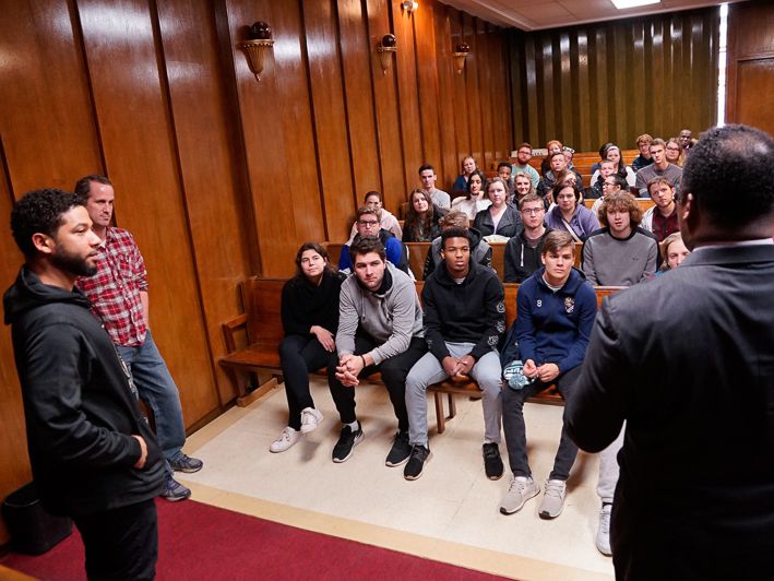 “Empire” actor Jussie Smollett and Jonathan Jackson, national spokesperson for Rainbow PUSH and the son of Rev. Jesse Jackson, speak to students Saturday, March 23, in Chicago’s Rainbow Push headquarters, at 930 East 50th St. | Provided