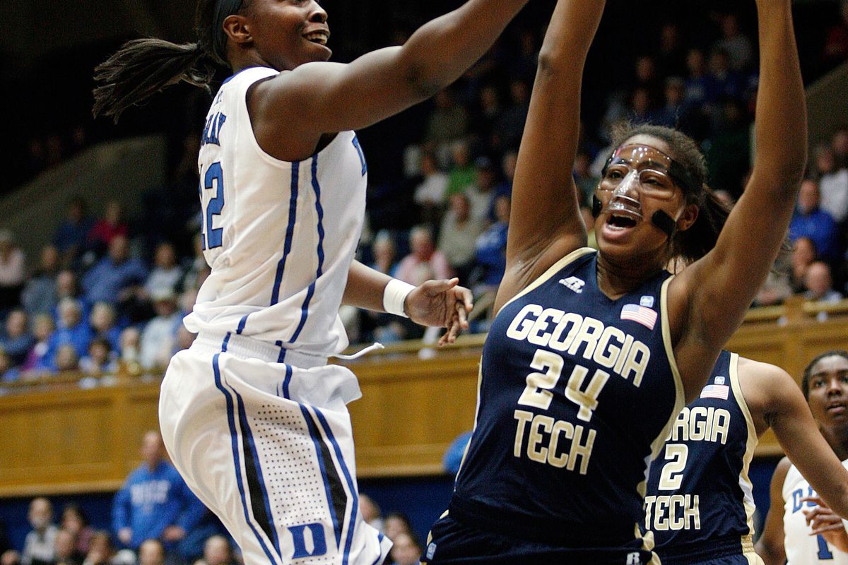 Georgia Tech Center Shayla Bivins going up to attempt to block a lay up