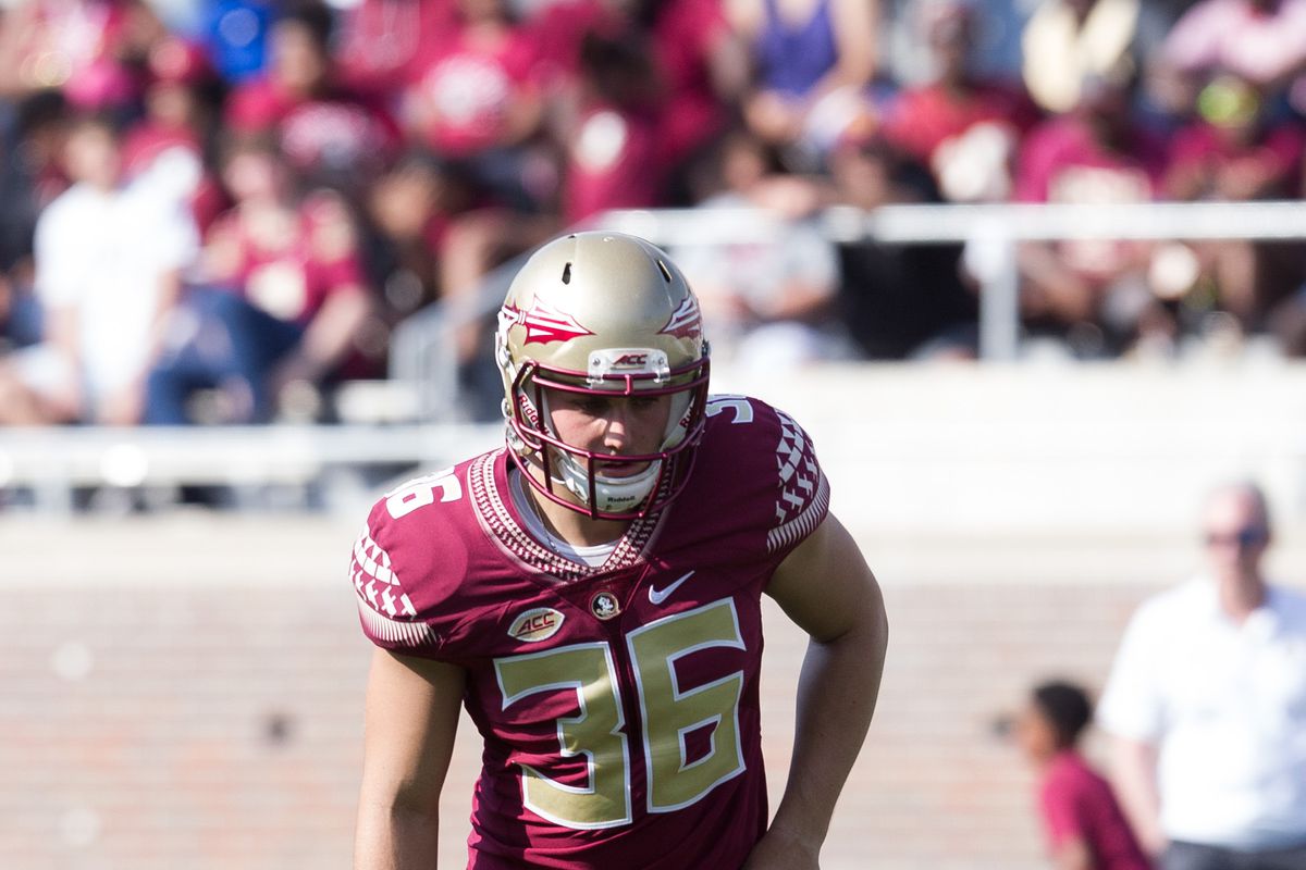 Florida State kicker Parker Grothaus (36) gets in position during the Florida State Garnet vs. Gold Spring Game at Bobby Bowden Field at Doak Campbell in Tallahassee, FL on April 6th, 2019.