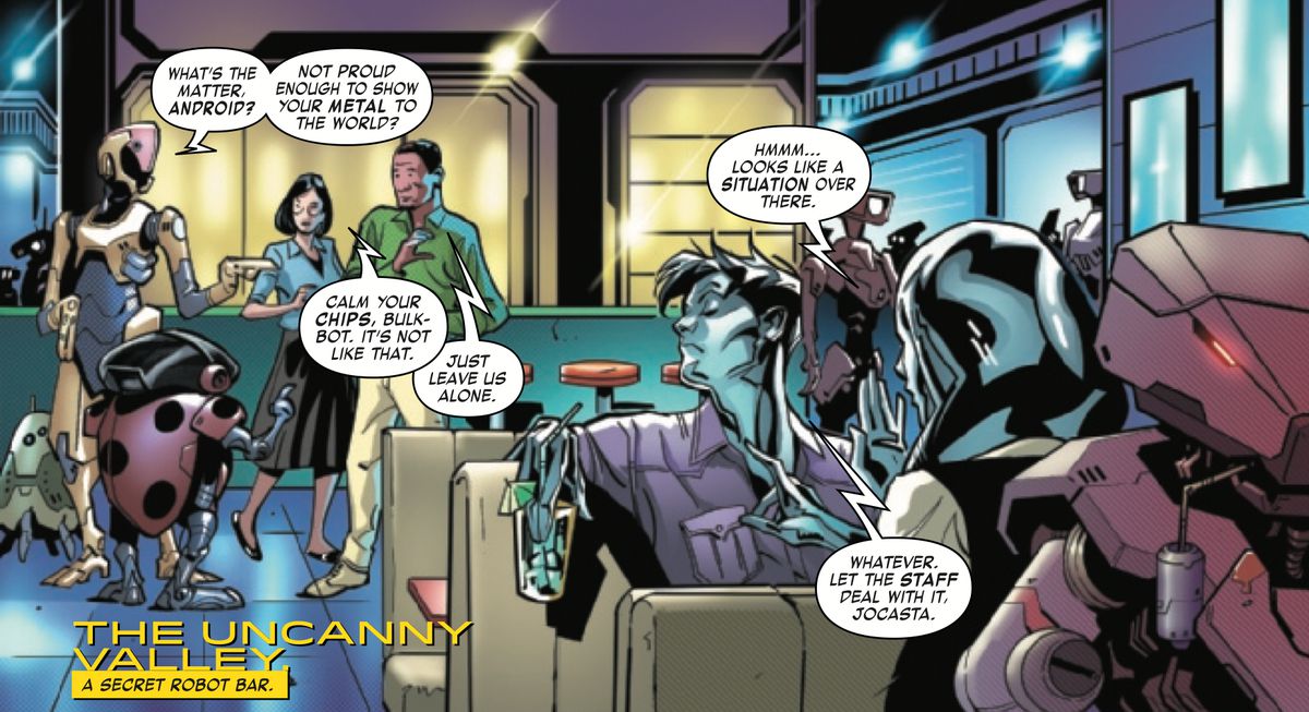 Various synthetic intelligent life forms interact in The Uncanny Valley, Earth’s “secret robot bar” in Tony Stark: Iron Man #14, Marvel Comics (2019). 