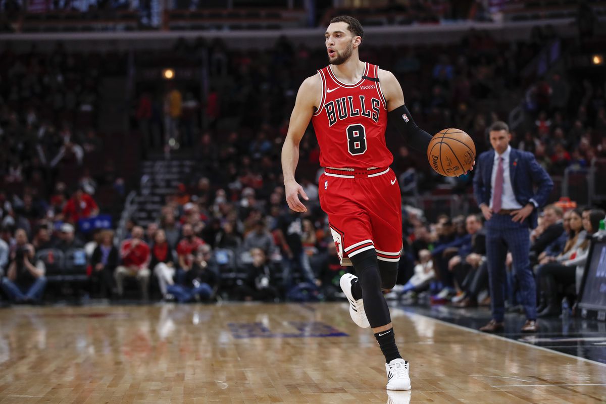 Chicago Bulls guard Zach LaVine brings the ball up court against the Minnesota Timberwolves during the first half at United Center.