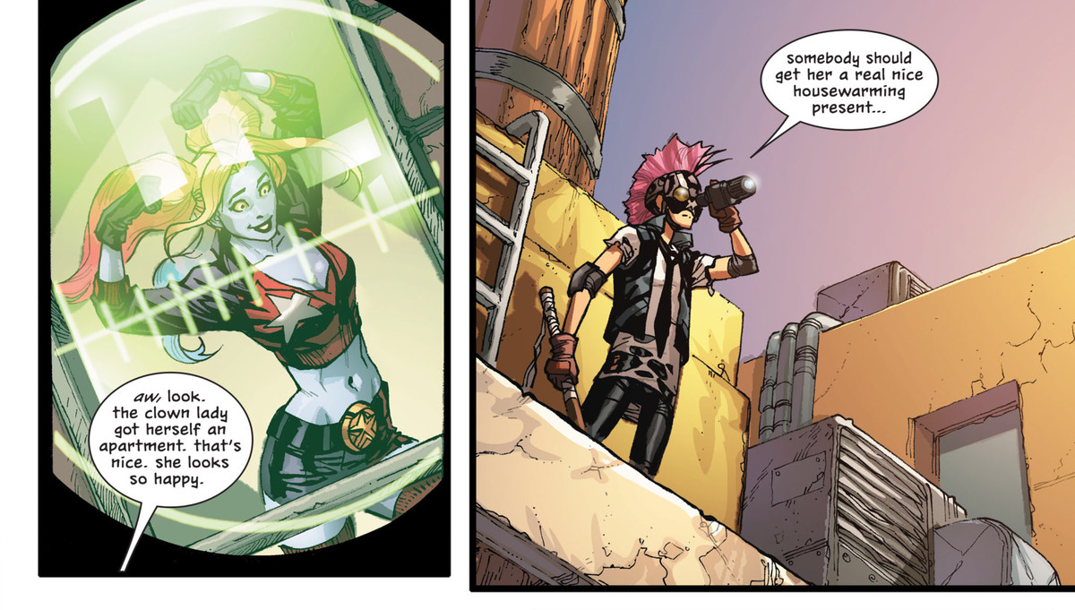 “aw, look. the clown lady got herself an apartment,” says Clownhunter as he surveils Harley Quinn, “somebody should get her a real nice housewarming present,” in Batman #102, DC Comics (2020). 