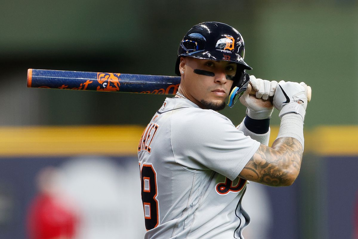 Javier Baez of the Detroit Tigers on deck before the star of game against the Milwaukee Brewers at American Family Field on April 26, 2023 in Milwaukee, Wisconsin.