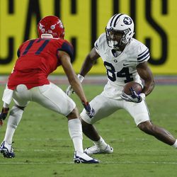 BYU wide receiver Jonah Trinnaman (84) during the second half of an NCAA college football game against Arizona, Saturday, Sept. 3, 2016, in Phoenix. BYU defeated Arizona 18-16. (AP Photo/Rick Scuteri)