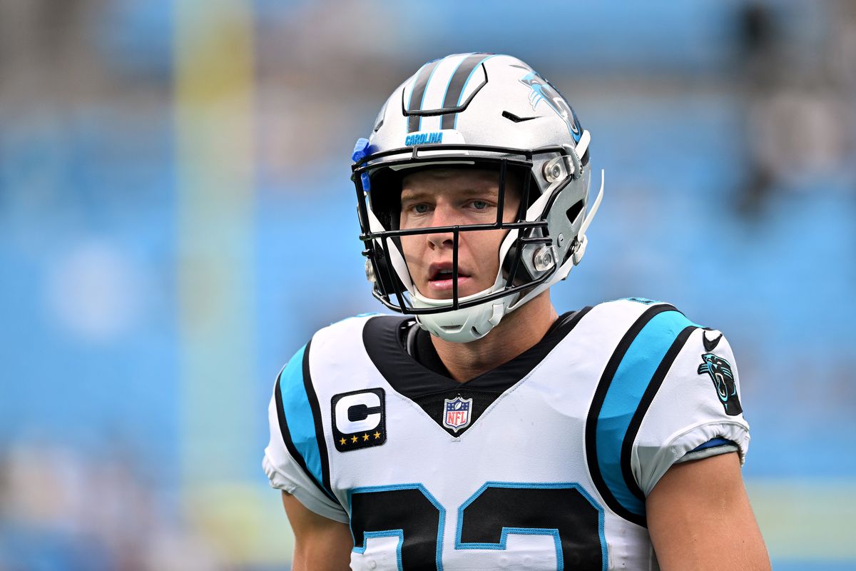 Christian McCaffrey #22 of the Carolina Panthers is shown during their game against the New Orleans Saints at Bank of America Stadium on September 25, 2022 in Charlotte, North Carolina.