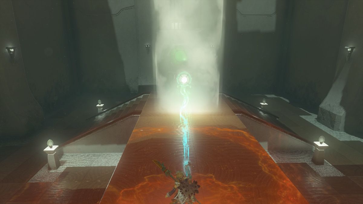 Link uses the Ultrahand to guide a mirror into a beam of light in The Legend of Zelda: Tears of the Kingdom’s Rakashog Shrine