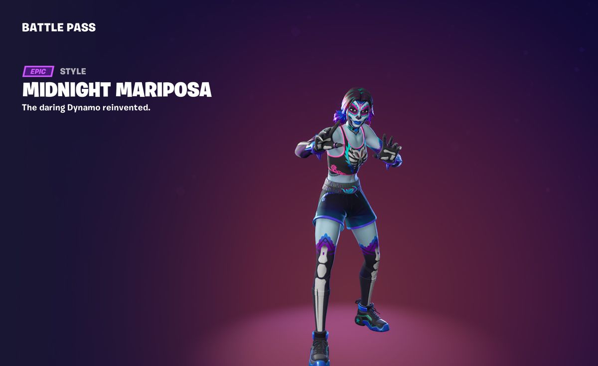Midnight Mariposa, who gets a skeleton-themed wrestling outfit and a layer of light blue body paint in Fortnite