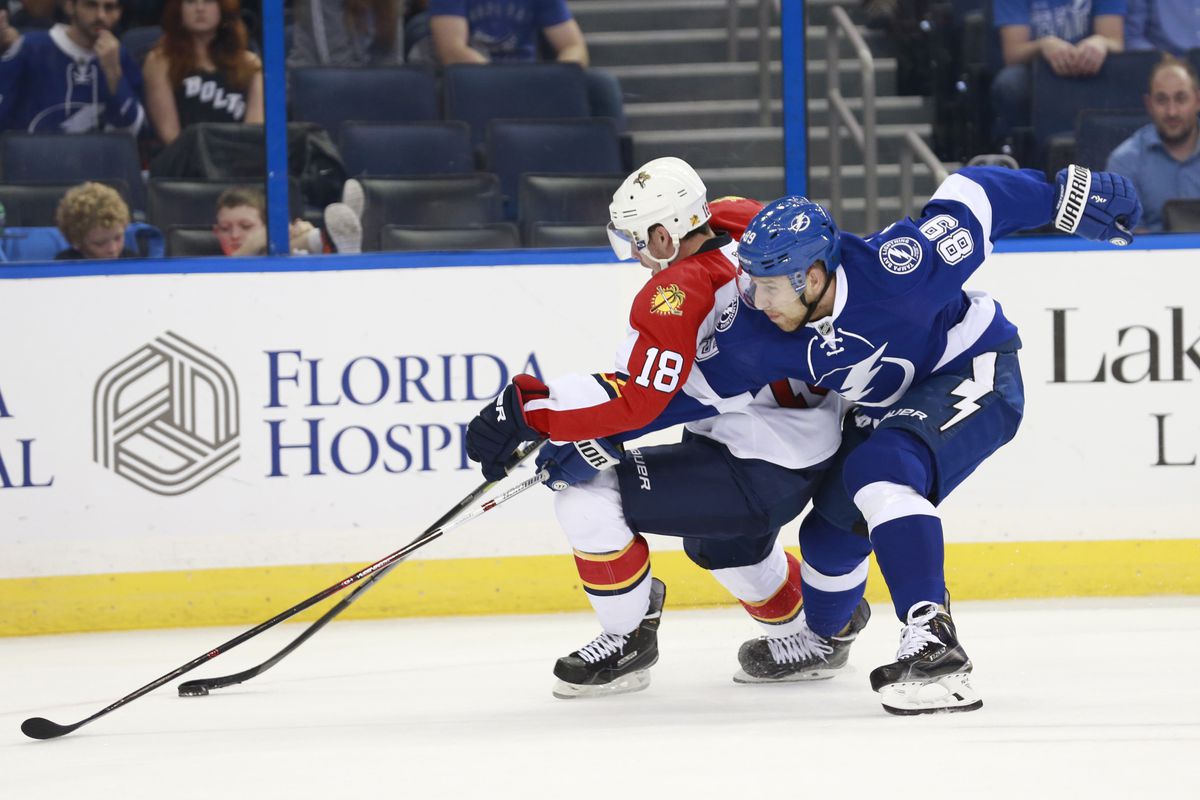 Tampa Bay's Nikita Nesterov defends against Florida's Reilly Smith in the Lightning's 4-1 win Friday night in Tampa