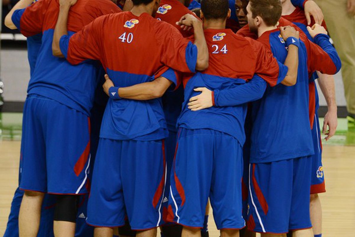 Apr 2, 2012; New Orleans, LA, USA; The Kansas Jayhawks huddle before the start of the finals of the 2012 NCAA men's basketball Final Four against the Kentucky Wildcats at the Mercedes-Benz Superdome. Mandatory Credit: Derick E. Hingle-US PRESSWIRE