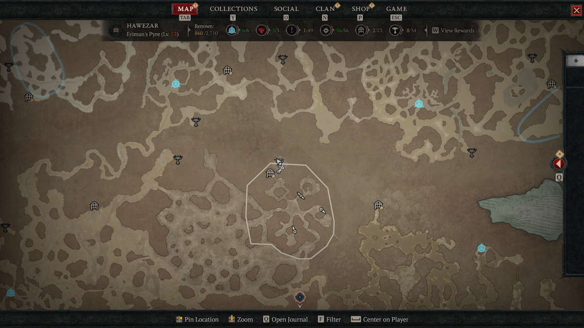 A map of Hawezar in Diablo 4, showing the location of the 8th Altar of Lilith