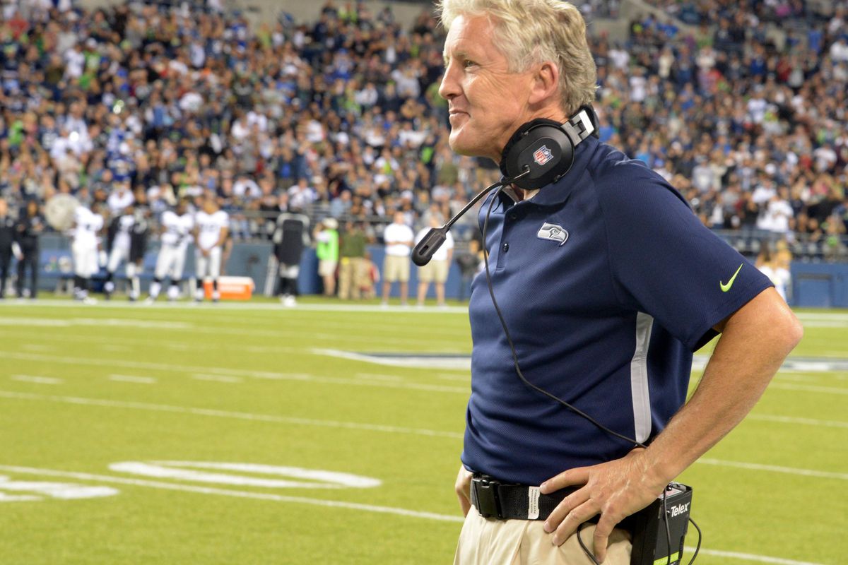 Aug 30, 2012; Seattle, WA, USA; Seattle Seahawks coach Pete Carroll watches on the sidelines during the game against the Oakland Raiders at CenturyLink Field. Mandatory Credit: Kirby Lee/Image of Sport-US PRESSWIRE