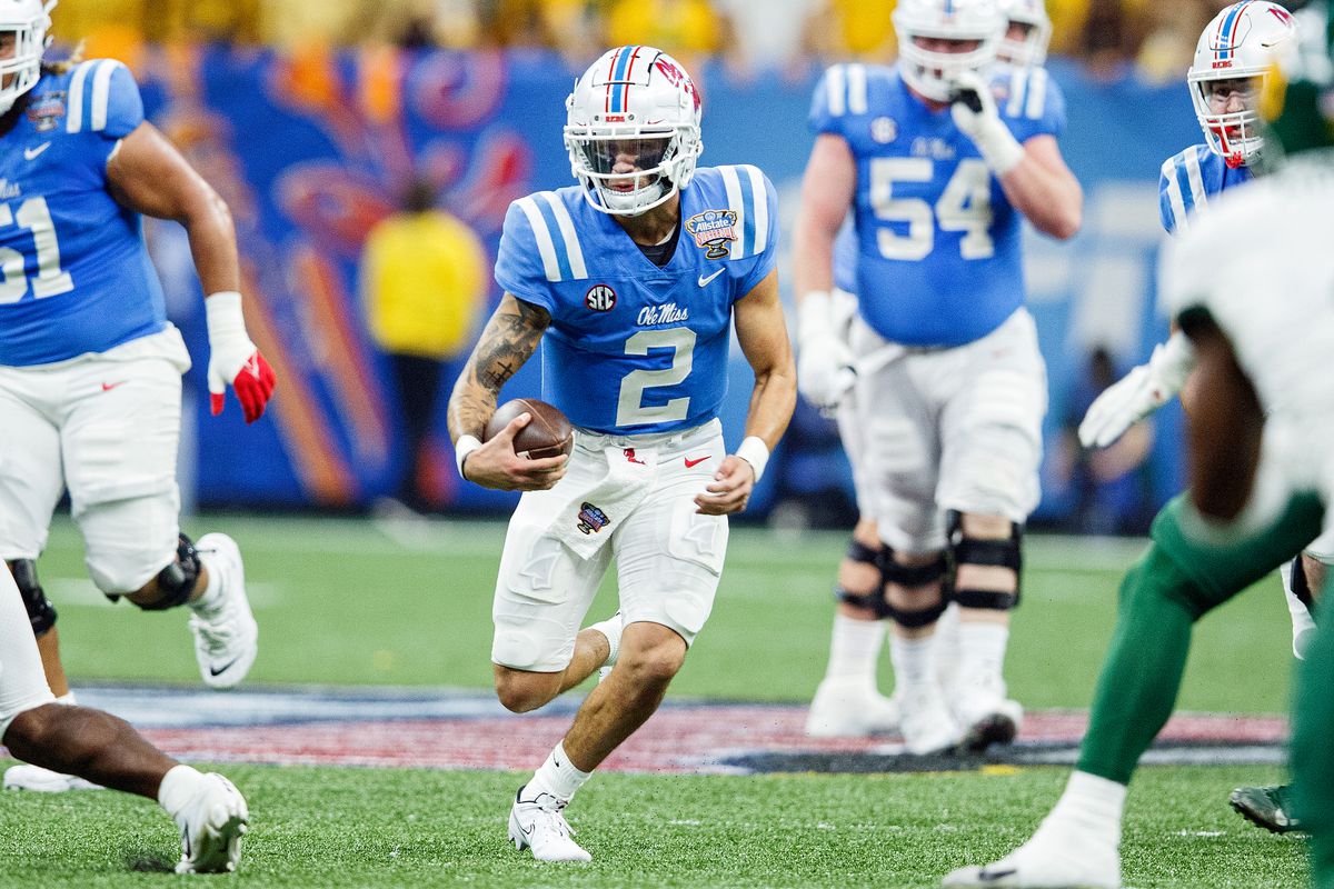 Ole Miss Rebels quarterback Matt Corral (2) scrambles during the Allstate Sugar Bowl between the Baylor Bears and the Ole Miss Rebels on January 1, 2022 at the Ceasars Superdome in New Orleans, Louisiana.