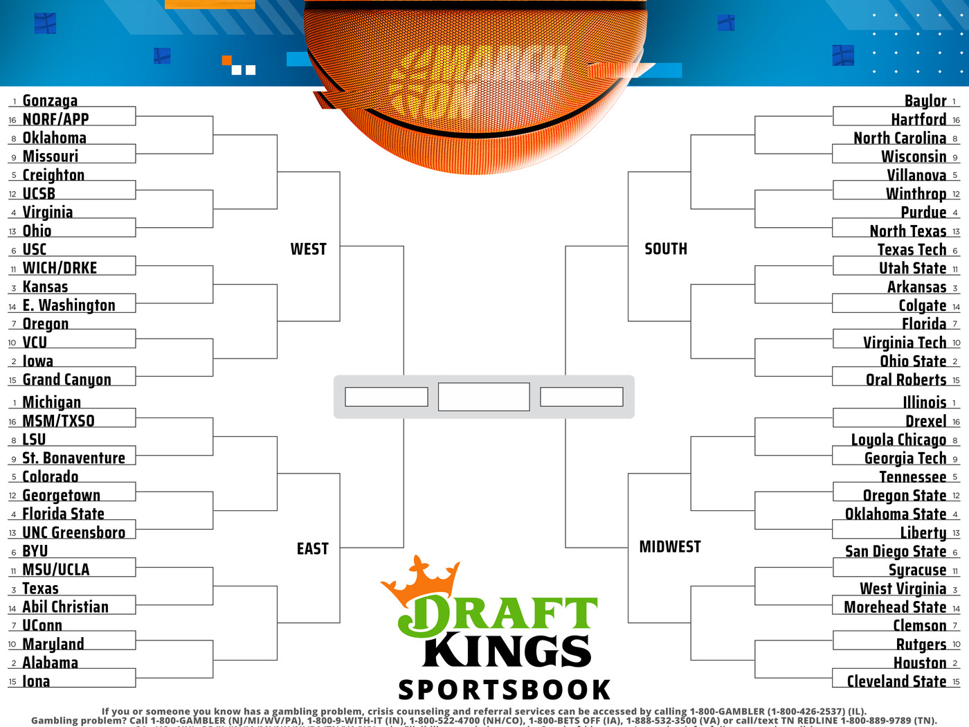 March Madness Printable Bracket How To Print One Or Two Or More Out For The 2021 Ncaa Tournament Draftkings Nation