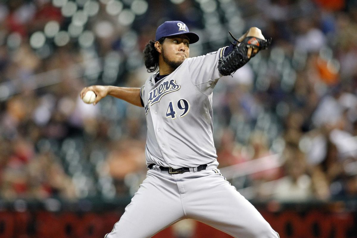 July 6, 2012; Houston, TX, USA; Milwaukee Brewers starting pitcher Yovani Gallardo (49) throws a pitch against the Houston Astros in the sixth inning at Minute Maid Park. The Brewers defeated the Astros 7-1. Mandatory Credit: Brett Davis-US PRESSWIRE