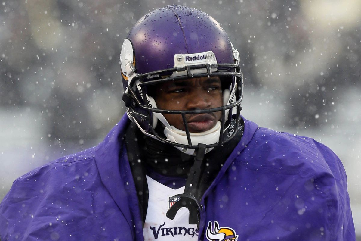 Vikings' running back Adrian Peterson on the sideline for Sunday's game against the Baltimore Ravens.