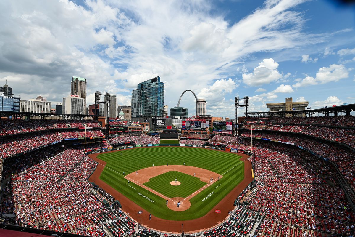 A general view of Busch Stadium during the third inning of a game between the St. Louis Cardinals and the New York Yankees.