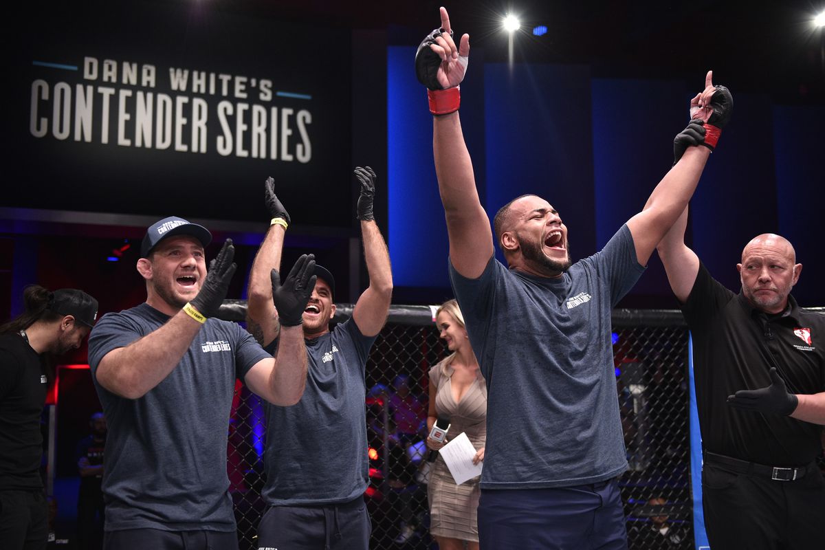 Rodrigo Nascimento celebrates after his submission victory over Michal Martinek in their heavyweight fight during Dana White’s Contender Series Week Six at the UFC Apex on July 30, 2019 in Las Vegas, Nevada.