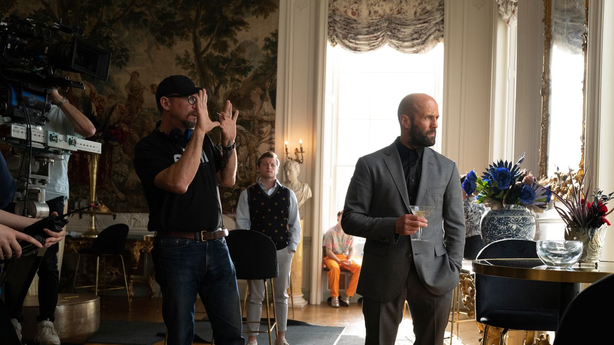 David Ayer directs Jason Statham on the set of The Beekeeper