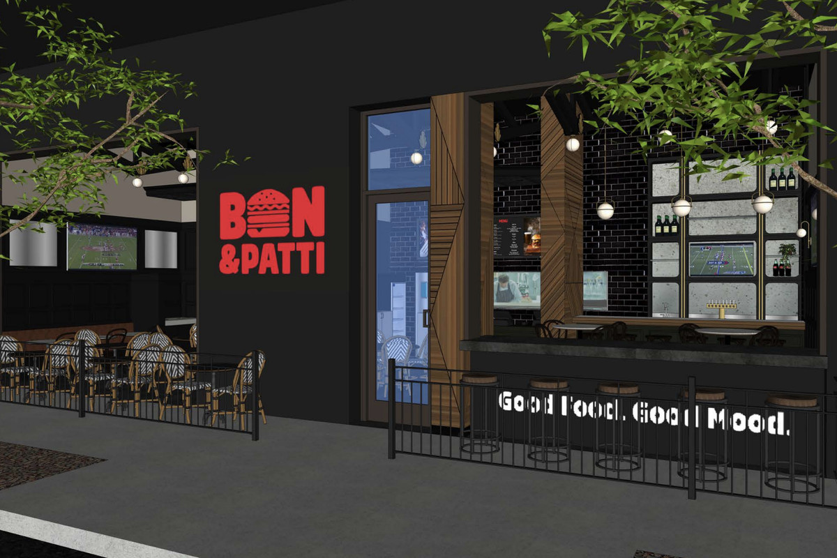 Rendering of the front of a burger shop.