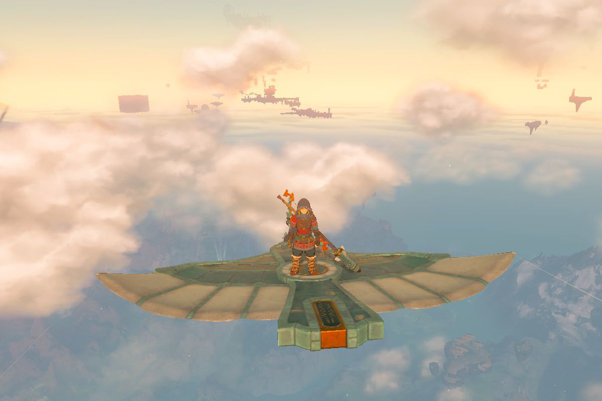 Link flies through the sky on a Zonai wing in The Legend of Zelda: Tears of the Kingdom.