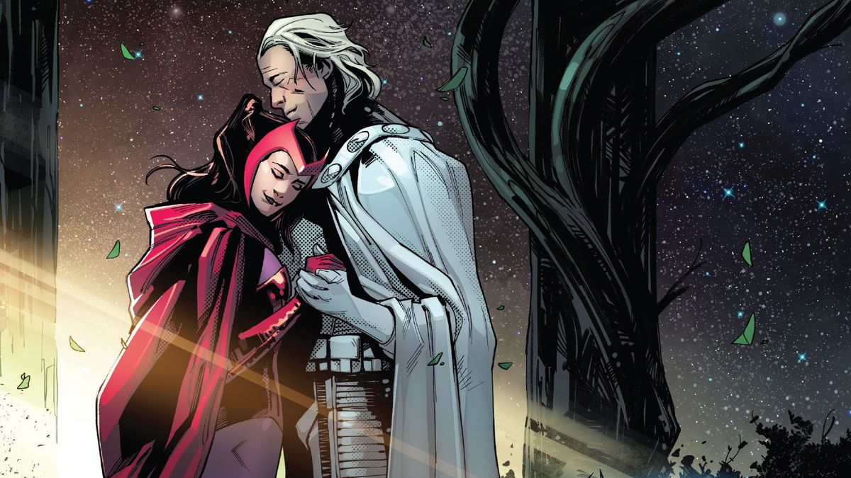 Magneto and Wanda Maximoff/Scarlet Witch embrace in SWORD #6 (2021). 