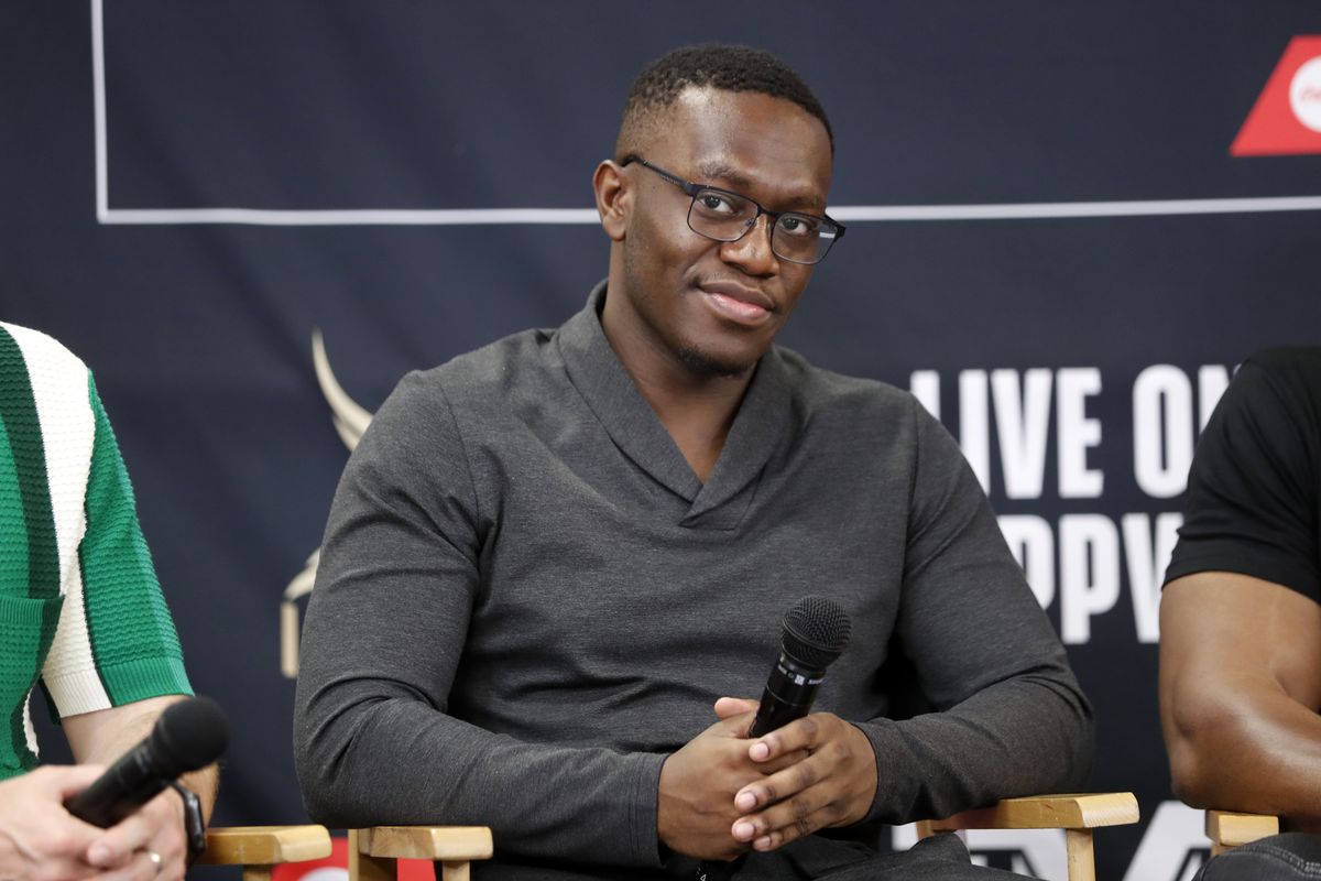 Deji Olatunji looks on during a news conference with Floyd Mayweather Jr. at the Mayweather Boxing Club on October 13, 2022 in Las Vegas, Nevada. Olatunji is scheduled to fight Mayweather in an exhibition match in Dubai on November 13, 2022.