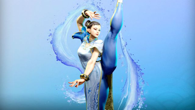 Artwork of Chun-li doing a split kick, with water effects surrounding her, as she appears in Street Fighter 6