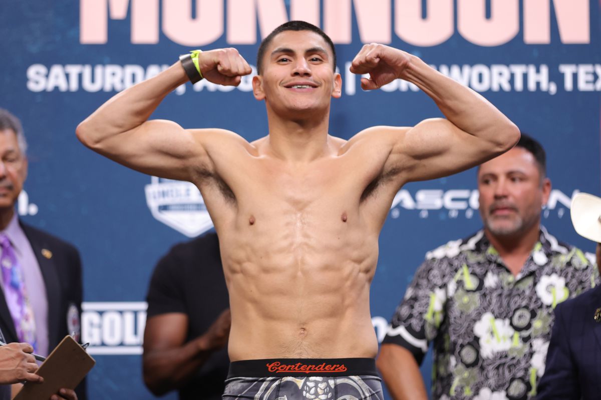 Boxer Vergil Ortiz Jr. stands on the scale 146.6 lb. during his official weigh-in at Dickies Arena on August 5, 2022 in Fort Worth, Texas.