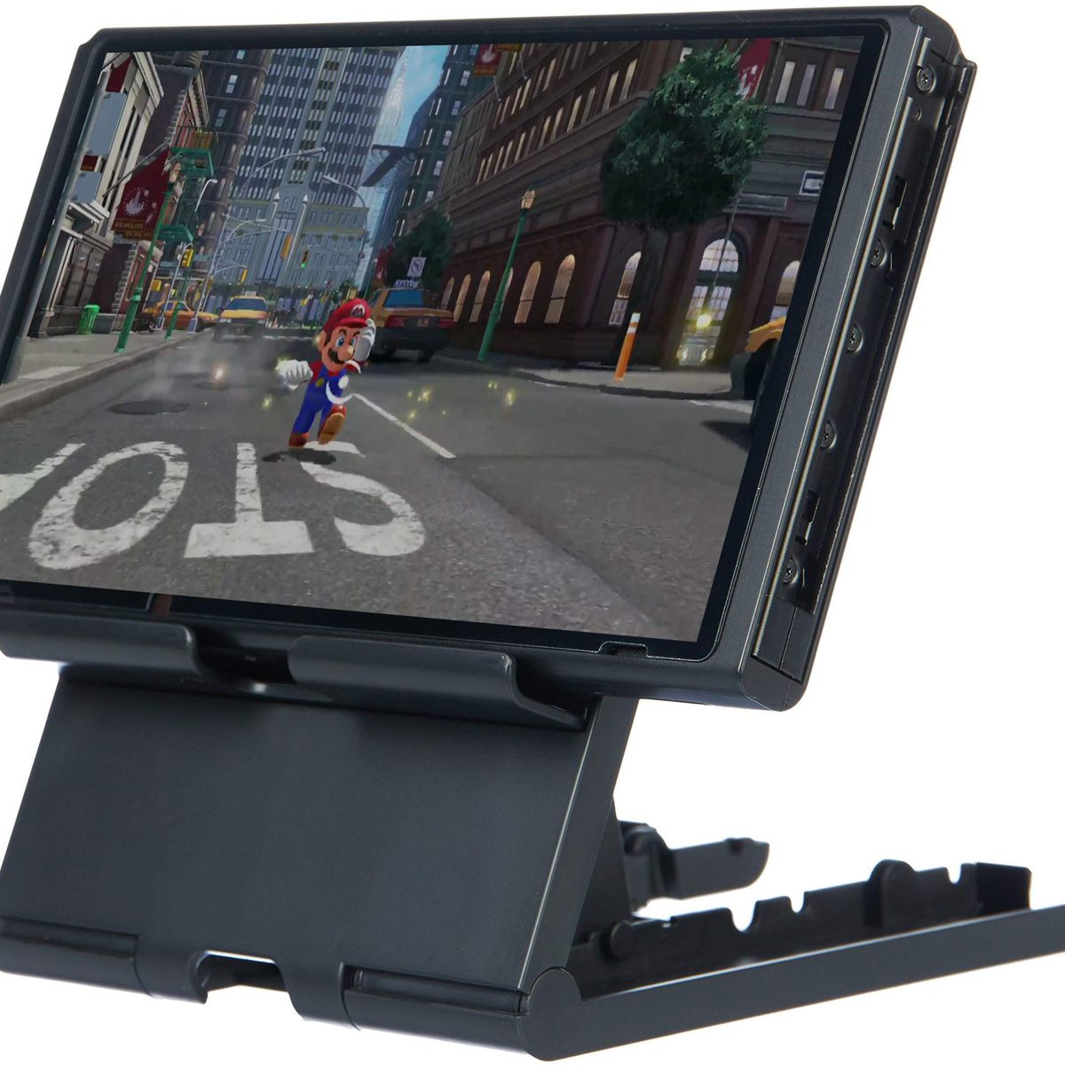 Product shot of a Nintendo Switch console on the the AmazonBasics playstand