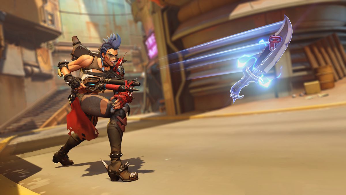 Junker Queen throws a glowing knife, the Gracie, at off-screen enemies in the map Junkertown in screenshots from Overwatch 2.