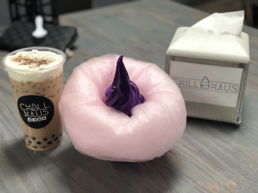 Ube soft serve on a cotton candy cloud at Chill Haus