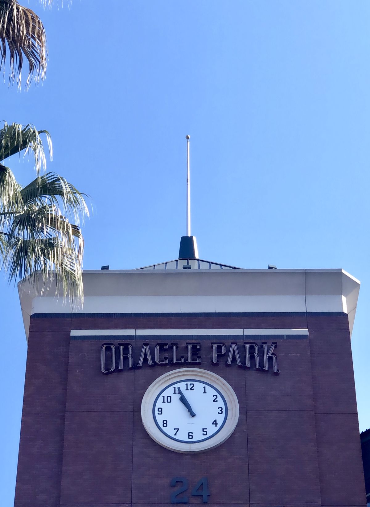 The top of a stadium. There is a clock and a sign with the words: Oracle Park.
