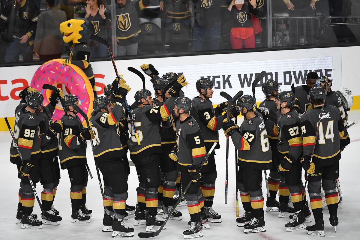 Nov 17, 2019; Las Vegas, NV, USA; Vegas Golden Knights players celebrate after defeating the Calgary Flames 6-0 at T-Mobile Arena.