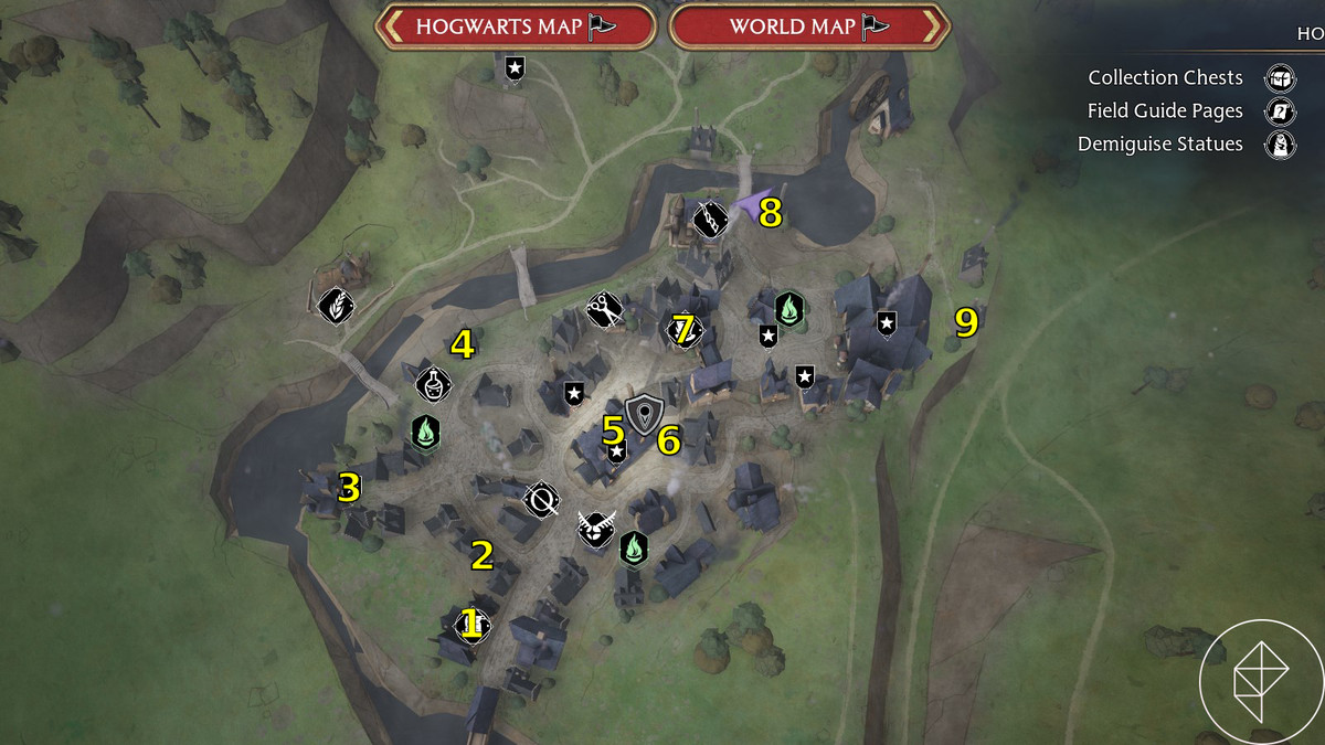 Demiguise locations numbers on a map of Hogsmeade in Hogwarts Legacy