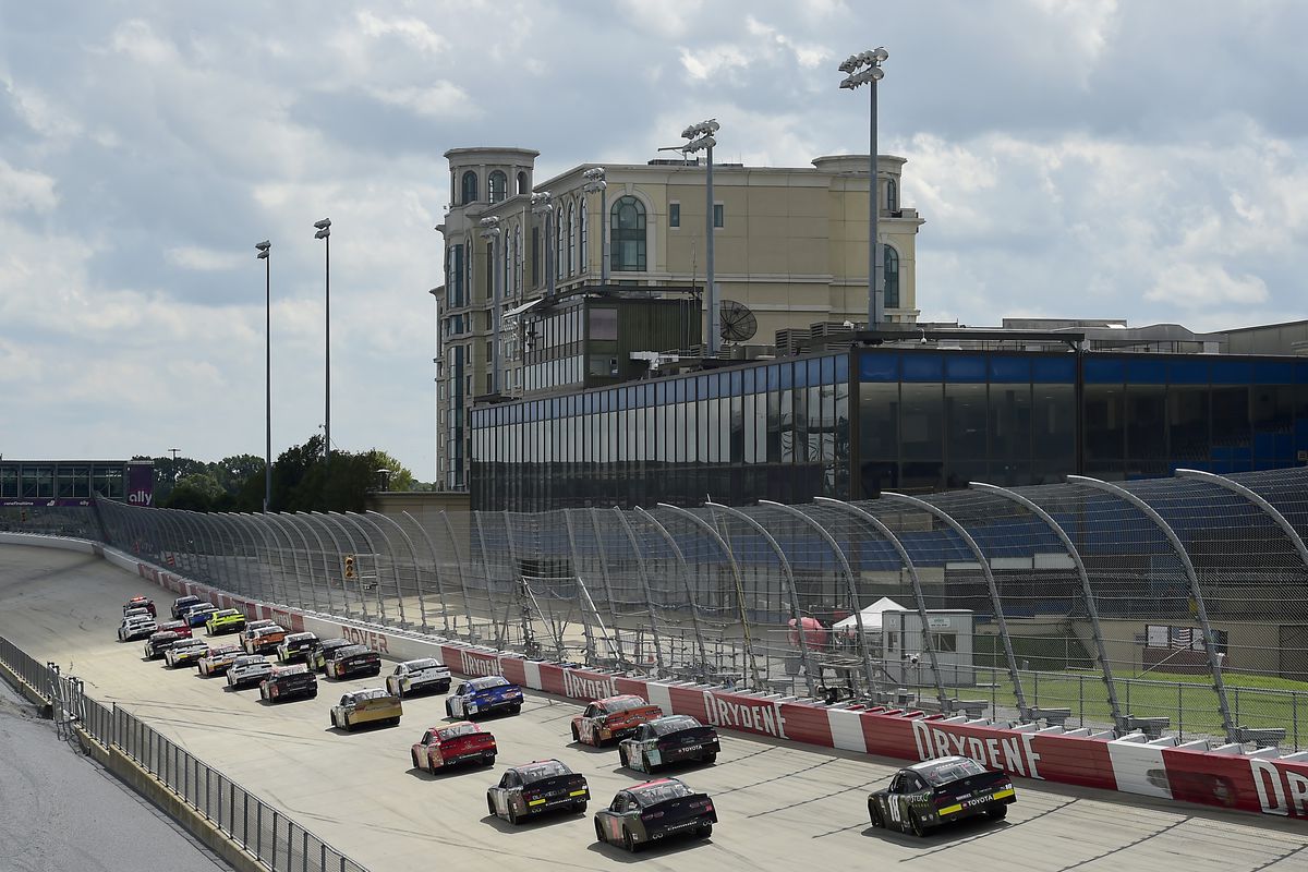 Cars race during the NASCAR Xfinity Series Drydene 200 at Dover International Speedway on August 23, 2020 in Dover, Delaware.