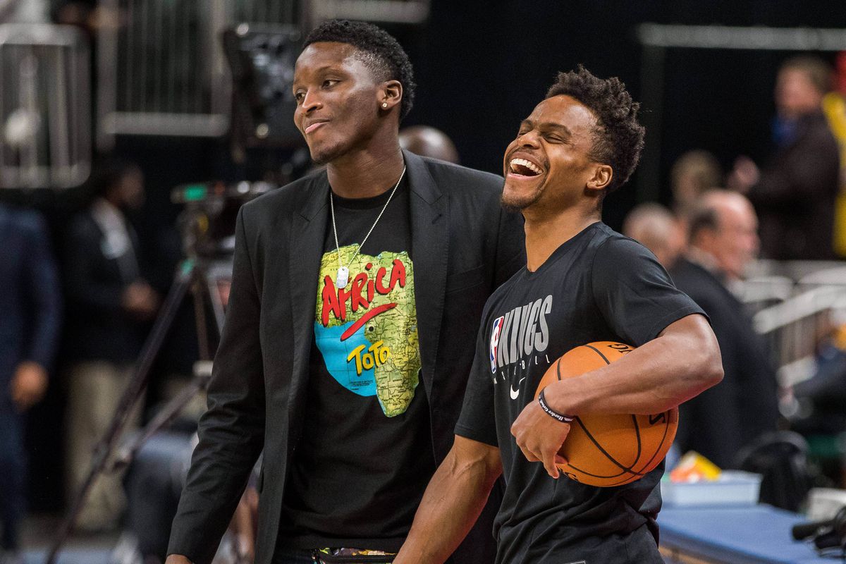 Indiana Pacers guard Victor Oladipo and Sacramento Kings guard Yogi Ferrell share a laugh during warm ups before the game at Bankers Life Fieldhouse.&nbsp;