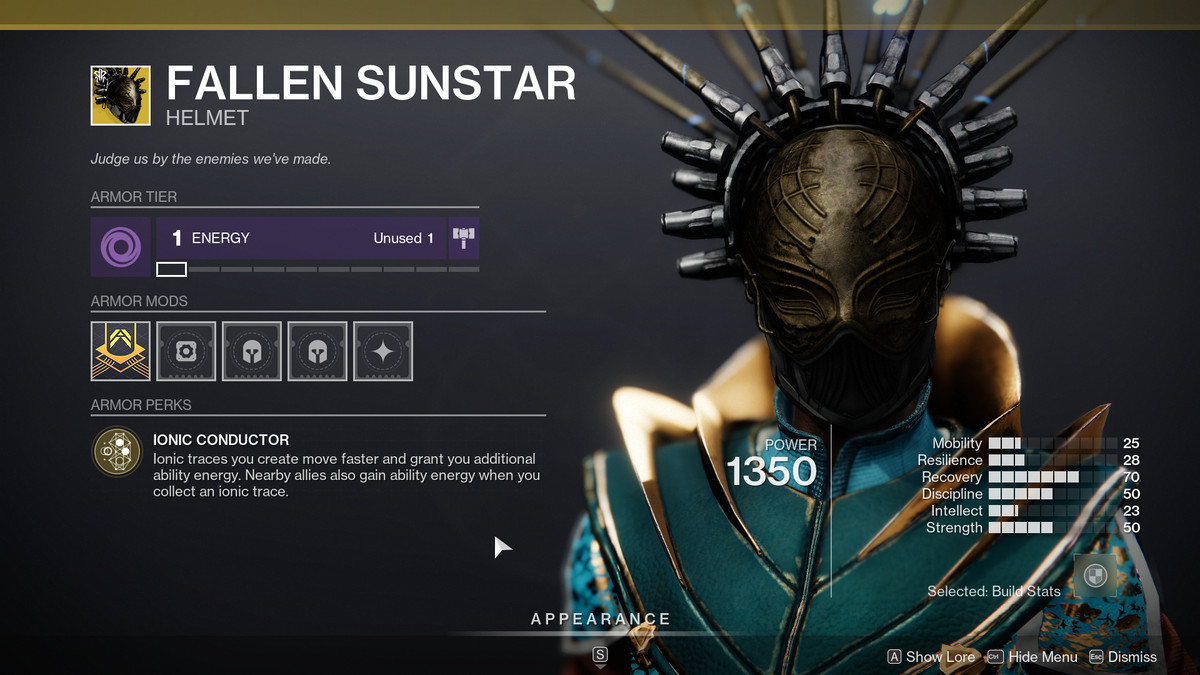 Exotic menu for the Fallen Sunstar Warlock Helm in Destiny 2: Season of Plunder