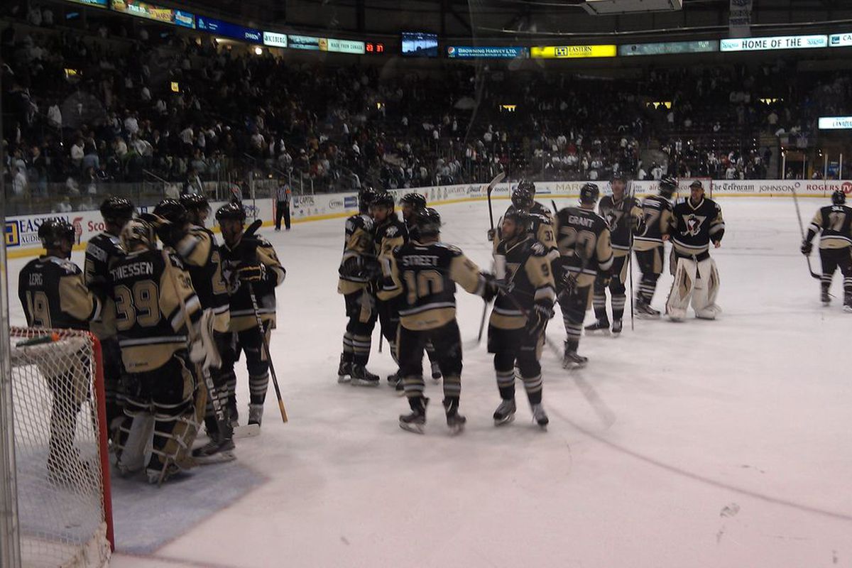 The Penguins celebrating their Game Two win over the IceCaps