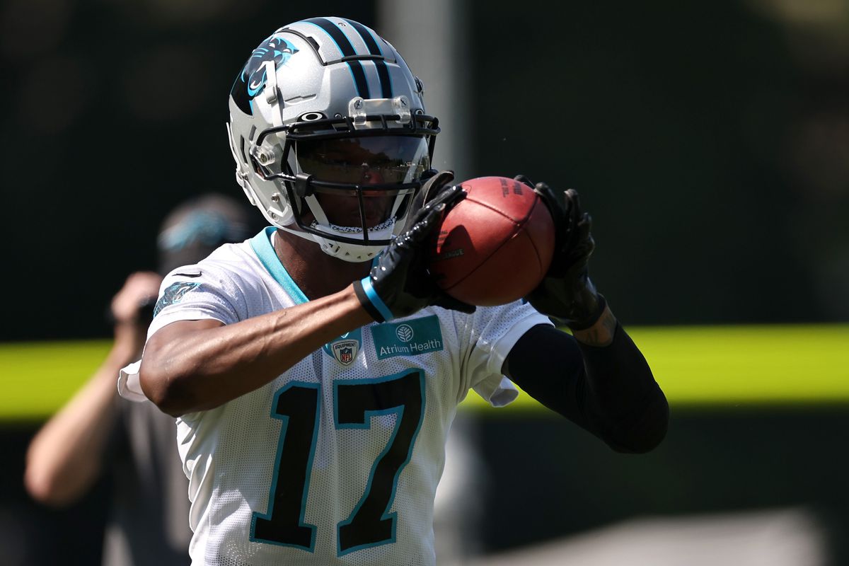 DJ Chark Jr. #17 of the Carolina Panthers receives a pass during Carolina Panthers Training Camp at Wofford College on July 27, 2023 in Spartanburg, South Carolina.
