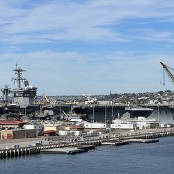 The USS Carl Vinson (CVN-70), site of the 2011 Carrier Classic matchup between Michigan State and North Carolina, sits nearby at Pier J. North Island Naval Air Station, San Diego, California. Nov. 11, 2022