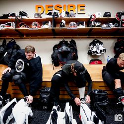 Philadelphia Flyers prospects remove their gear after day one of Rookie Camp. 