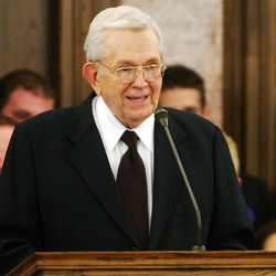 President Boyd K. Packer of The Church of Jesus Christ of Latter-day Saints speaks during a fireside for students and young adults at the Ogden Institute at Weber State University on Sunday, Nov. 16, 2008.