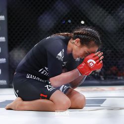 Ilima-Lei Macfarlane is overcome with emotion after her successful title defense at Bellator 201 on Friday night at Pechanga Resort & Casino in Temecula, Calif.
