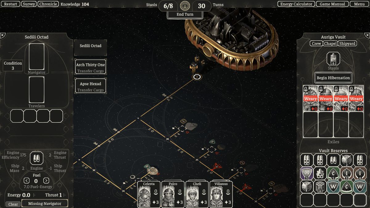A wide shot of the interstellar board in The Banished Vault, showing a monk in front of the Auriga Vault monastery, preparing for the player’s turn