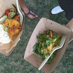 Fried softshell crab and peach burrata salad from Contra + Wildair. [Photo: Madeline Muzzi]