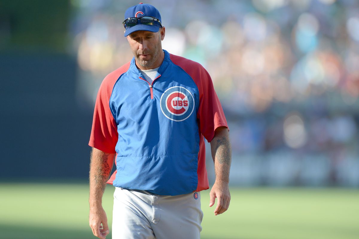 San Diego, CA, USA; Chicago Cubs manager Dale Sveum walks back to the dugout after arguing a call against the San Diego Padres at Petco Park. Credit: Jake Roth-US PRESSWIRE
